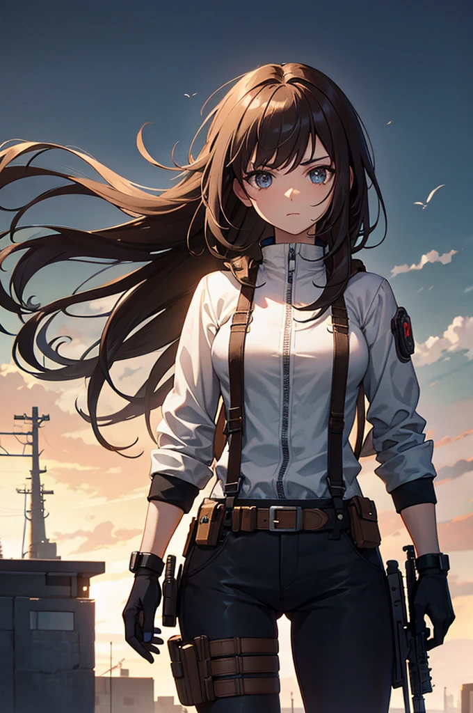 In the spotlight, holding_gun, assault_rifle, Very detailed, Brown Hair, Long Hair, Anime Style, whole body, alone, Stylish Gunfighter Girl, Holding a steampunk long barrel pistol,Standing in the wasteland, 8K high resolution, White Background, The background is a dark and desolate landscape, Horror movie atmosphere. Her figure is very beautiful, Emphasizing the dark and crazy elements. Skillfully expressing the effects of light and shadow, Anime girl with gun and rifle standing in front of a building, from Girls' Frontline, mechanized Soldier Girl, Girls' Frontline style, Girls' Frontline cg, Soldier Girl, The finer details. Girls' Frontline, Infantry Girl, Amazing anime 8k, Girls' Frontline, Girls' Frontline universe, Female host