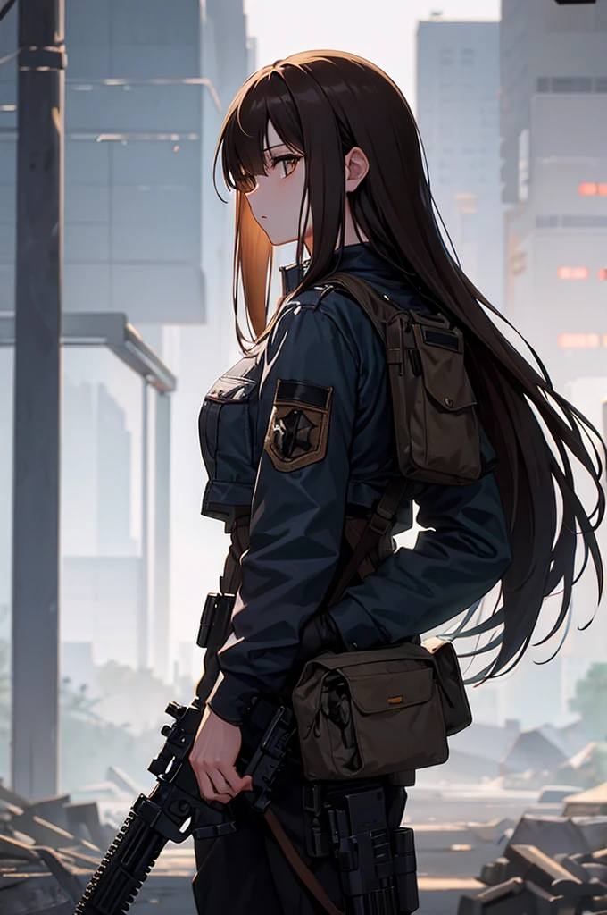 In the spotlight, holding_gun, assault_rifle, Very detailed, Brown Hair, Long Hair, Anime Style, whole body, alone, Stylish Gunfighter Girl, Holding a steampunk long barrel pistol,Standing in the wasteland, 8K high resolution, White Background, The background is a dark and desolate landscape, Horror movie atmosphere. Her figure is very beautiful, Emphasizing the dark and crazy elements. Skillfully expressing the effects of light and shadow, Anime girl with gun and rifle standing in front of a building, from Girls&#39; Frontline, mechanized Soldier Girl, Girls&#39; Frontline style, Girls&#39; Frontline cg, Soldier Girl, The finer details. Girls&#39; Frontline, Infantry Girl, Amazing anime 8k, Girls&#39; Frontline, Girls&#39; Frontline universe, Female host