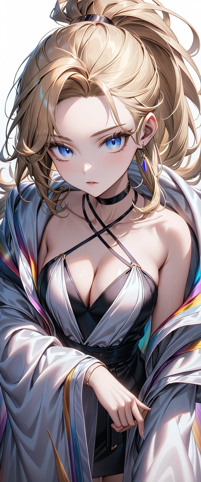 masterpiece Very detailed aldult Ultra-high resolution Higher resolution Highest quality Super detailed Vivid Color detailed woman High quality 8k Goddess Athena Gal with light makeup ((Wearing black equipment)) Pure white cloth ((mini skirt)) ((celestial robe:1.2)) God Cosplay Big eyes ((Rainbow Eyes)) Blonde ((Short Hair)) ponytail Hair tied up high The front hair is pushed up on one side forehead ((slicked back hair)) Forehead ((An oversized dress made of fabric that crosses over the neck)) ((criss-cross halter)) Cloth halter There are folds in the clothes Shoulder ((Cleavage)) Upper Body