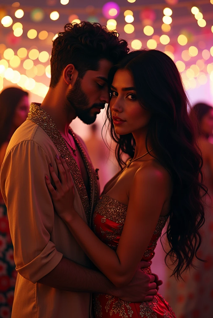 A 20-year-old Iranian girl with black hair, eyebrows, black eyes, tanned skin, and a sexy body in a bright dress next to a man in an Arabic dress at a night party.
