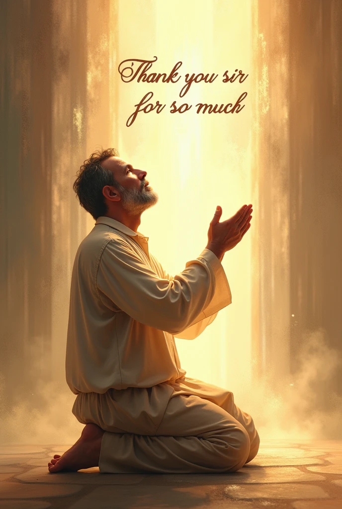 Man on his knees thanking the Glory is of God and in the image that has a text message in Spanish "Thank you sir for so much"