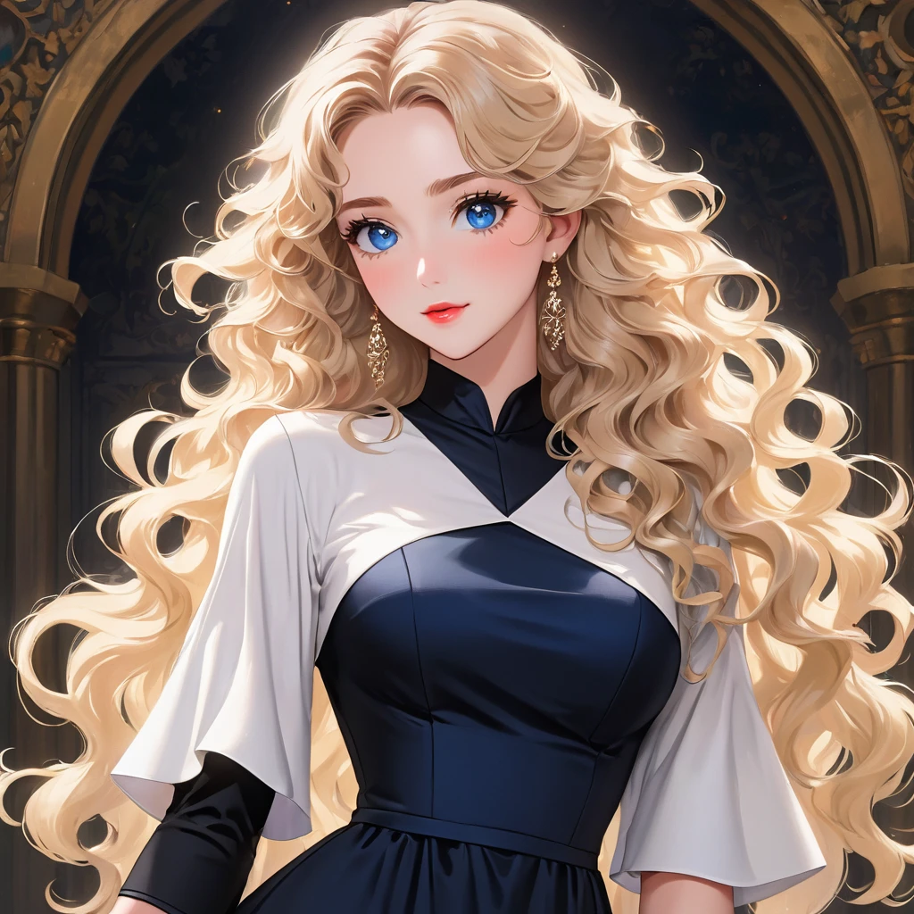 Tall Mature Women With Long blonde curly hair and Dark Blue Eyes , With Long black Eyelashes , Wearing Half sleeve White dress , Half portrait, Big chest , Hyper detailed eyes , hugh resolution, High quality, 4kHd , Masterpiece, pinl Lips