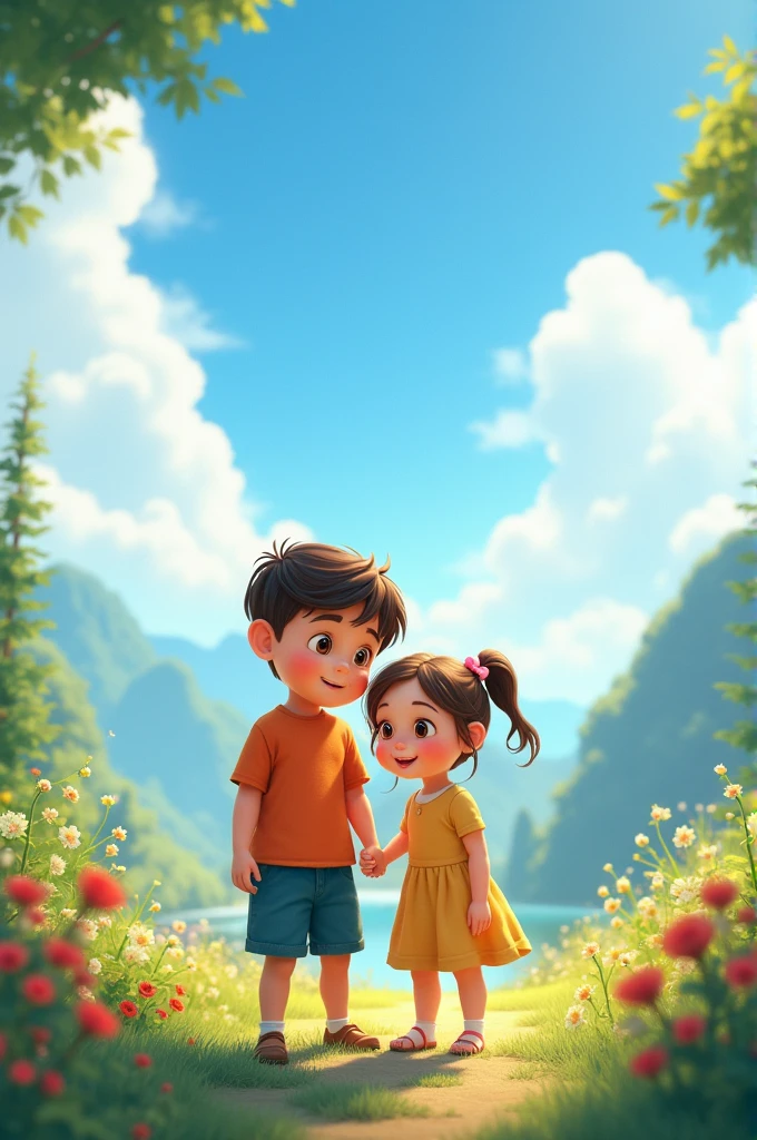 Create an image where one brown eyes boy stand with little chubby girl and whether is so beautiful