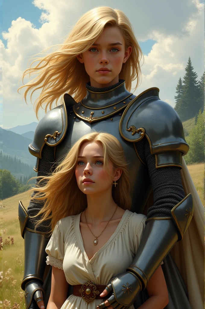 Boys knight with blonde hair holding ordinary women