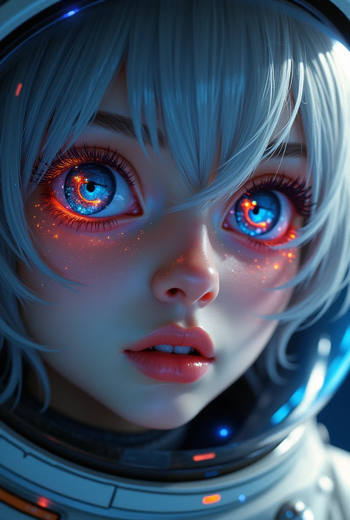 (Close-up of a better masterpiece:1.5)0.9], (Space and astronauts:1.2) (Messy silver hair:1.1) (Heterochromia xanthochromia and blue eyes:1.2) (Space Helmet:1.0) (Colored stars in the eyes:1.0) (A radiant glow:1.1) (thick lips:0.9)