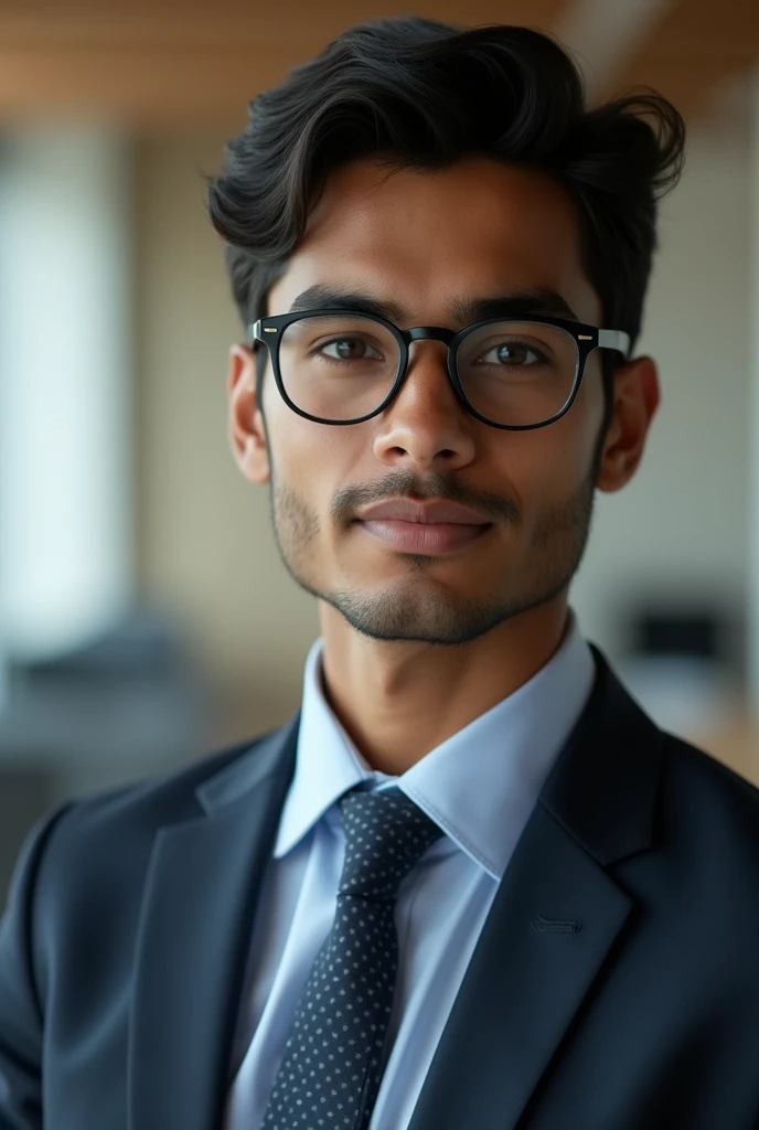 21 year old indian boy With fair skin Wearing spectetacles and narrow body Posing for a LinekdIn picture in formals court and tie