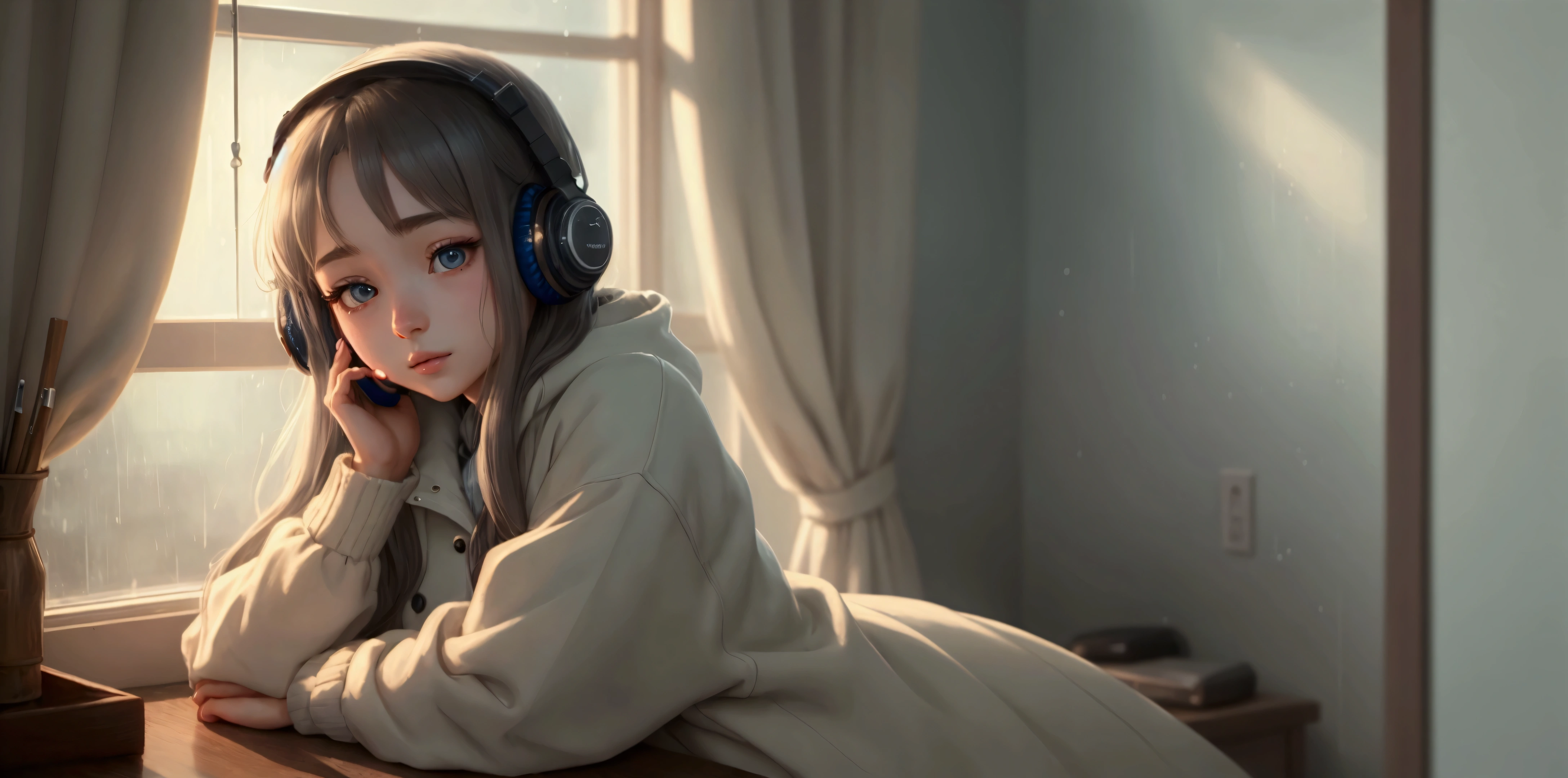 a girl listening to music in a cozy room on a rainy morning, wearing white headphones, 2D anime style, lo-fi aesthetic, analog color theme, ghibli-esque style, detailed face and expression, beautiful detailed eyes, beautiful detailed lips, extremely detailed eyes and face, long eyelashes, detailed clothing, detailed background, warm lighting, rain outside window, peaceful atmosphere, high quality, 8k, masterpiece, ultra-detailed, photorealistic, professional