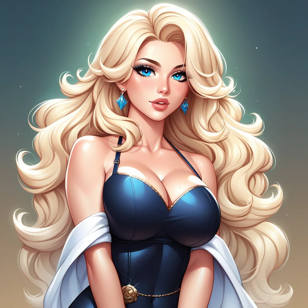 Tall Mature Women With Long blonde curly hair and Dark Blue Eyes , With Long black Eyelashes , Wearing Half sleeve White dress , Half portrait, Big chest , Hyper detailed eyes , hugh resolution, High quality, 4kHd , Masterpiece, pinl Lips