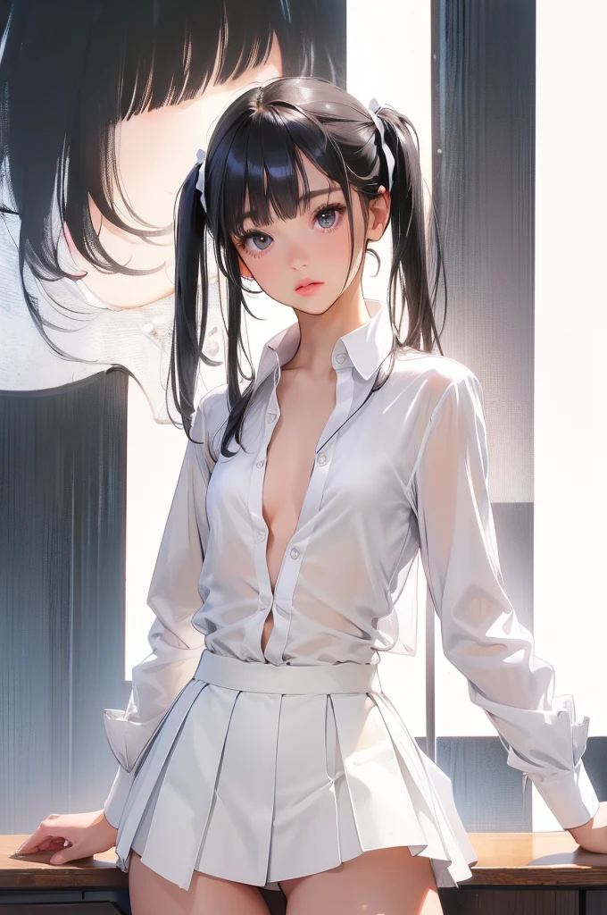 Full-length portrait of a girl,(Her small bust is visible through her unbuttoned white shirt.:1.5)、Twin tails with bangs、Short skirt, White panties,Small Bust,Black socks,