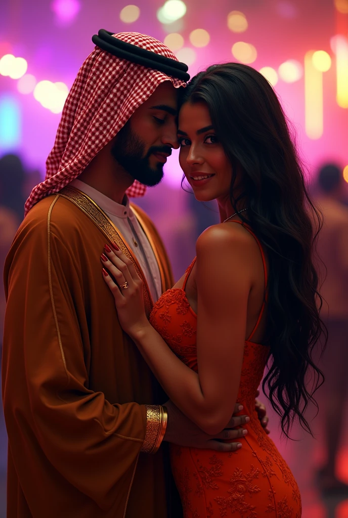 A 20-year-old Iranian girl with black hair, eyebrows, black eyes, tanned skin, and a sexy body in a bright dress next to a man in an Arabic dress at a night party.
