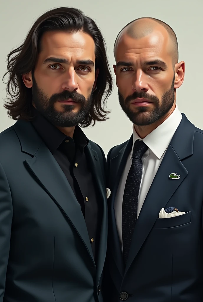 Make me a picture of a Turk with long hair and a Frenchman with bald head both have a beard. Both wear lacoste suit