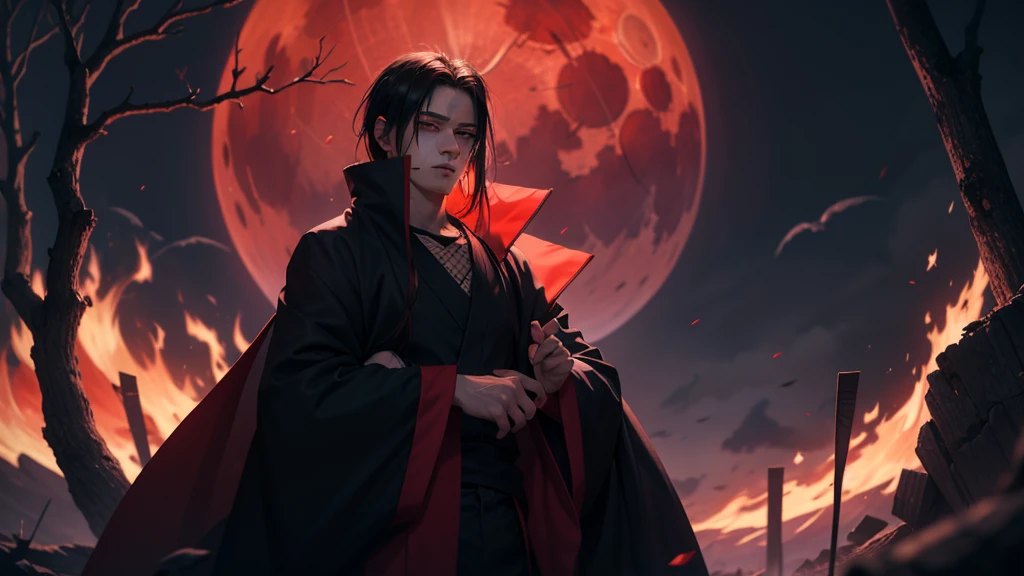 work of art, highy detailed, a young man covered in black cape with red cloud drawing or akatsuki robe from naruto, itachi uchiha, Eyes red, trunk, shinobi, Tiara of Konoha, Red moon in the background, red theme, from naruto, long hair, covered in red flame
