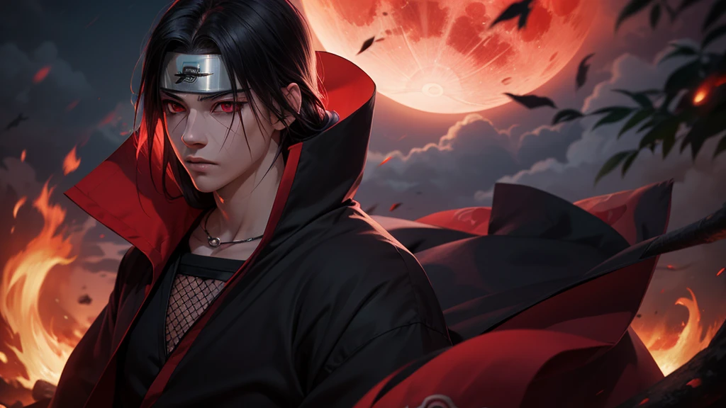 work of art, highy detailed, a young man covered in black cape with red cloud drawing or akatsuki robe from naruto, itachi uchiha, Eyes red, trunk, shinobi, Tiara of Konoha, Red moon in the background, red theme, from naruto, long hair, covered in red flame