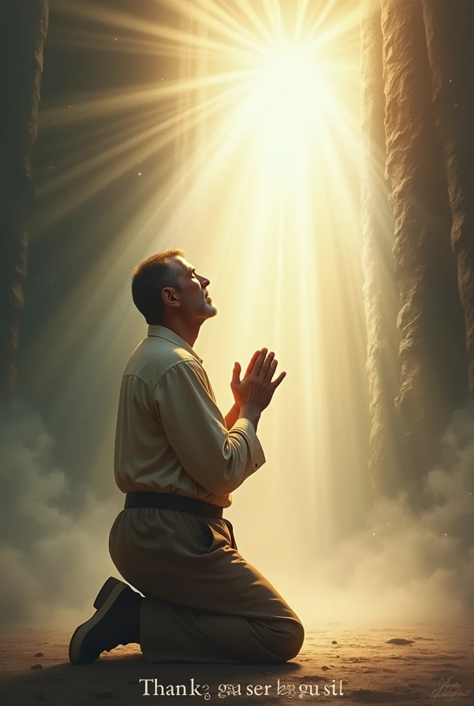 Man on his knees thanking the Glory is of God and in the image that has a text message in Spanish "Thank you sir for so much"