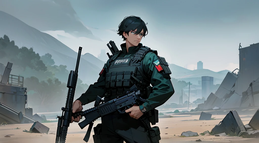 masterpiece, best quality, 1 man, 30-year-old man, Focus Person, Solitary, Solitary focus, Black Hair, Turquoise eyes, Black bulletproof vest, mercenary, (Holding an assault rifle), Standing, Standing shooting position, Battlefield Background, War Zone, Serious, Serious面孔, Dangerous atmosphere.
