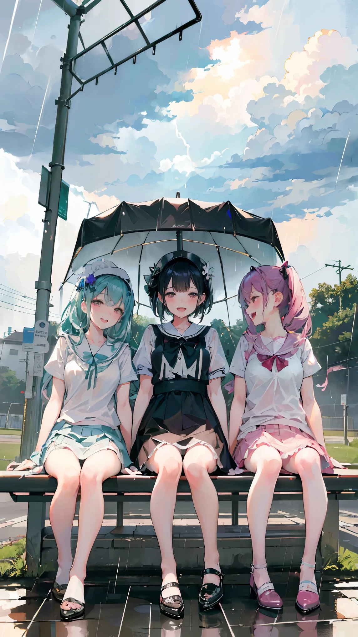 masterpiece, Highest quality, High resolution, Very detailed,(((Multiple Girls))), (((Three Girls))), (((laughing。)))、(((Facing forward。))), (((thunderstorm))), (((Electric pole))), (((Cloudy))), (((Rain Clouds))), (((Bus stop in the background)))