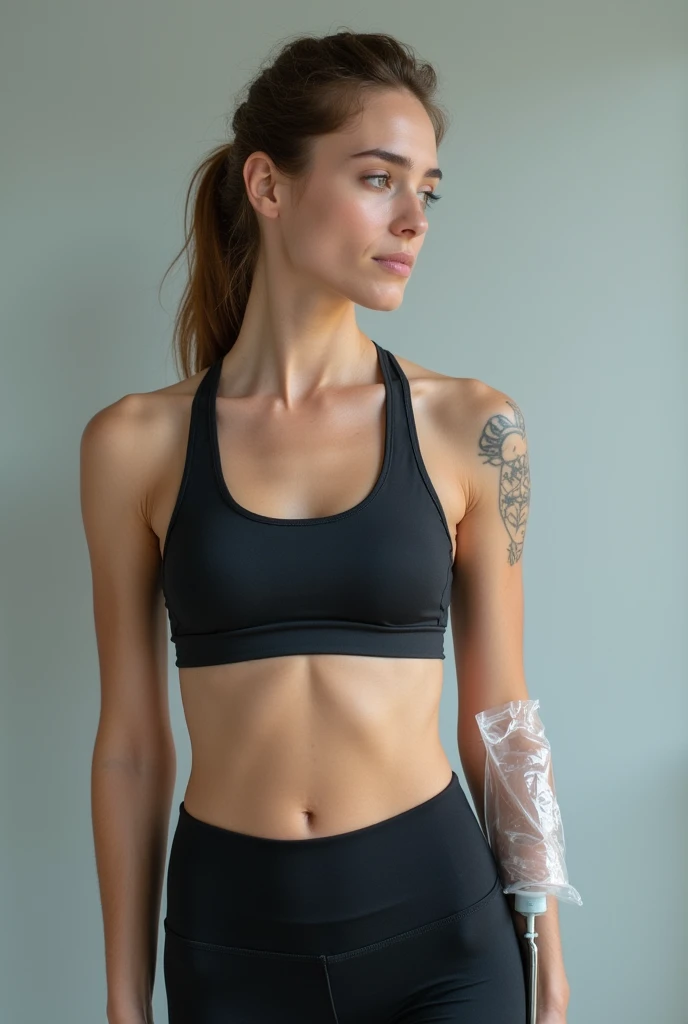 Split image of a healthy full body sporty woman on one side and very pale sick woman receiving intravenous medicine in her arm on the other side