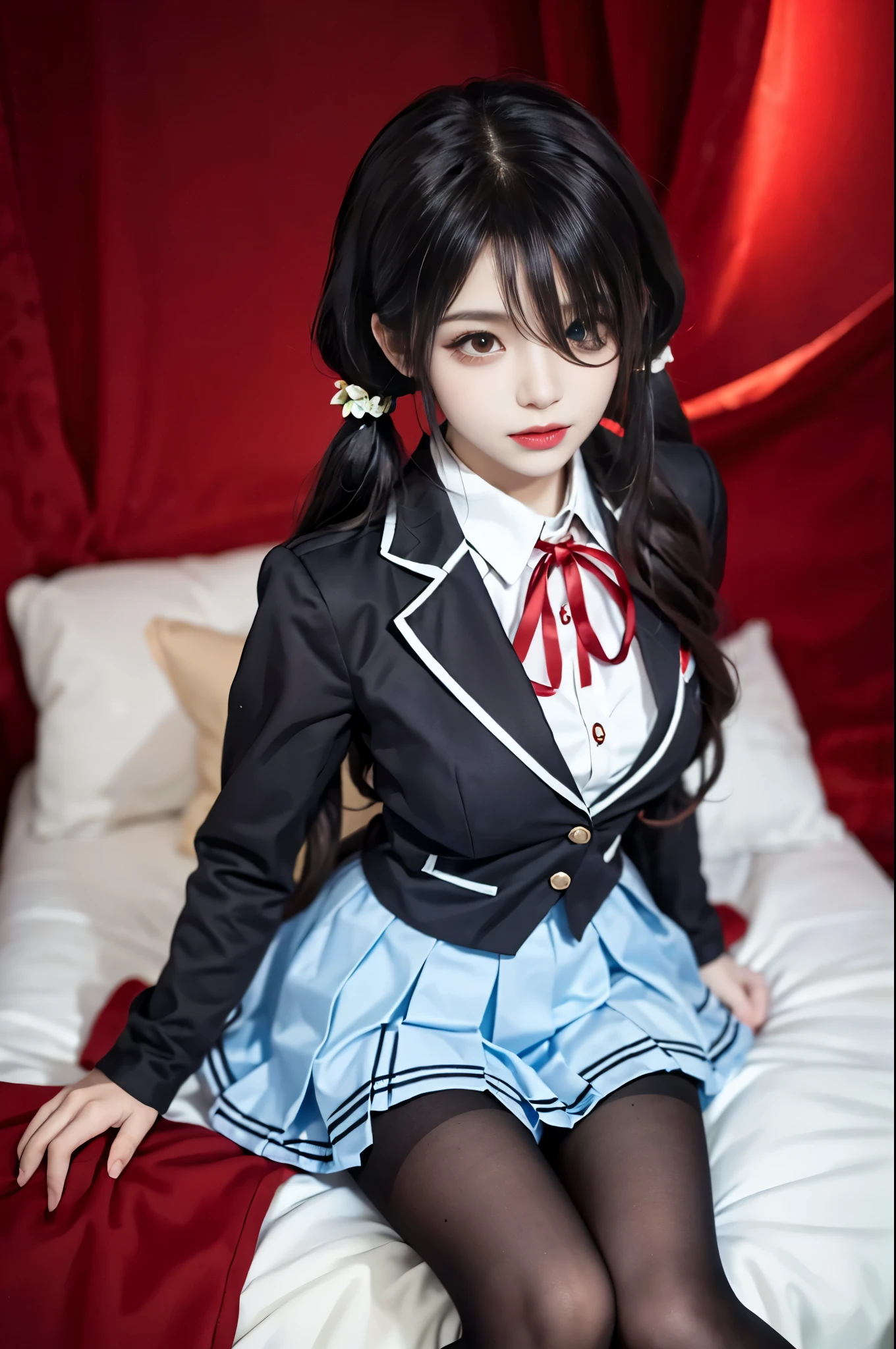 tokisaki kurumi
sobu high school uniform
cosplay,
school uniform, blazer, collared shirt, neck ribbon, pleated skirt, pantyhose, hair rings, loafers,
hair over one eye, low twintails, (best quality, masterpiece:1.2), Extremely detailed, (Practical:1.37), beautiful, youth, Glamorous model, Warm colors, ((A full body perspective，Naturally bent knees，Skin is firm and smooth)), ((In the old-fashioned room，Sit on the edge of the bed，Lean back，Support your body with your elbows)), ((Elegant and natural posture)), (big eyes, Delicate eyes, Delicate lips, Delicate eyes), Available in white with floral pattern, Show a bright smile, fit, Full breasts, ((Big breasts)), Long legs, Create a stunning picture of a girl enjoying her sleep