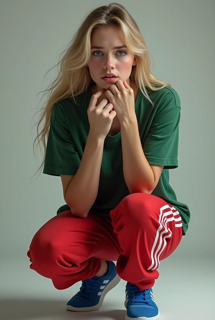 Red pants adidas, green shirt, blue shoes, blonde hair, cute pretty, crying women 🥺👉🏻👈🏻