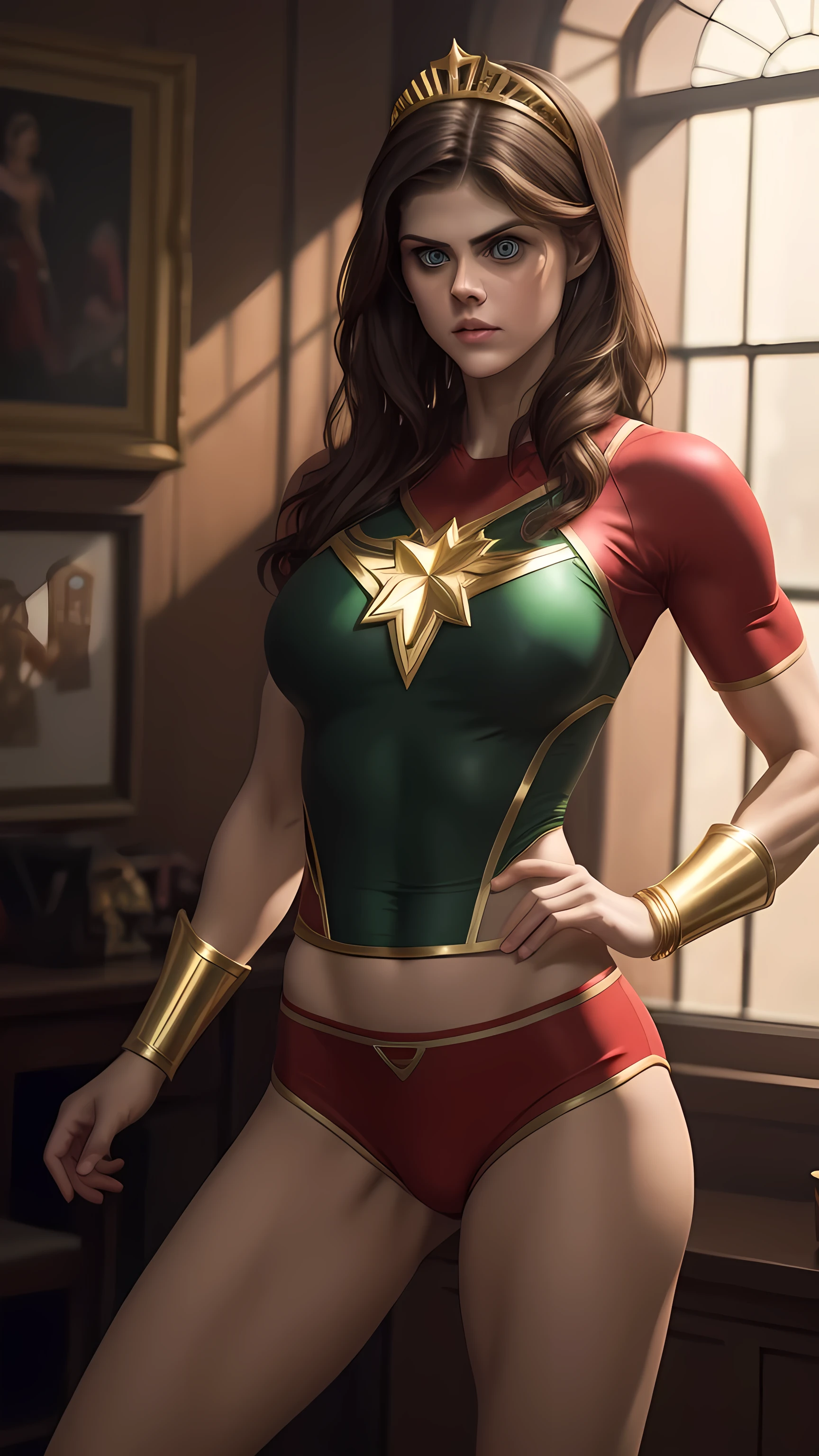 The character Mary Marvel, perfect red and golden costume, perfect red and golden cape, seductive smile, gorgeous eyes, tradicional suit. A large red cape with details with golden rays covers his shoulders