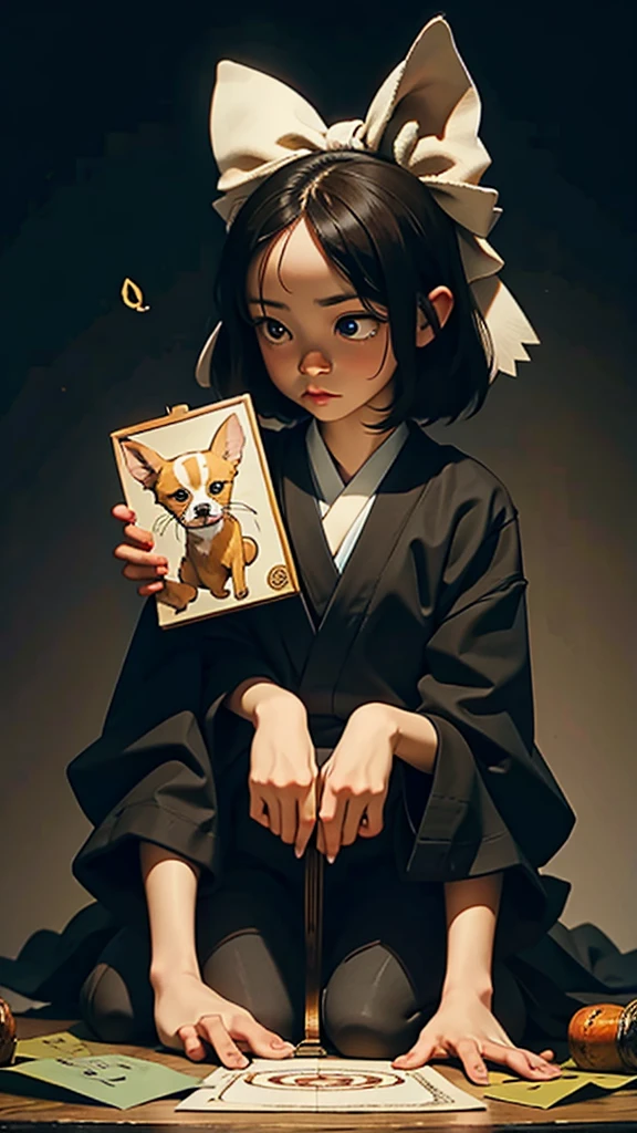 girl with light brown hair in a loose pony tail, next to a black and white dog with pointy ears