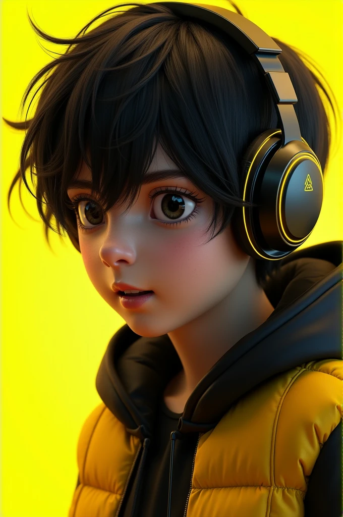 Create a high-definition, high-contrast, and
yellow colour saturation RenderMan image of a teenage boy with black hair, wearing a black and yellow jacket. He's equipped with cool gaming headphones, epic pro earport and a .The boy is looking slightly to the left with a shocked expression