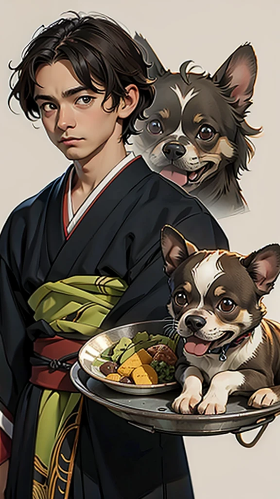 (masterpiece: 1.2, Highest quality),Brindle colored chihuahua,Spotted dog、Japanese painting, rough sketch, Scary elements, 、Shaggy hair