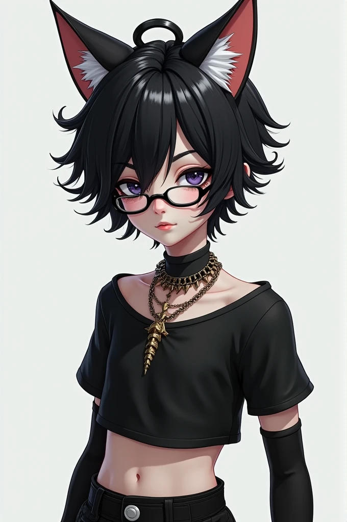 femboy boy, big black hair, White cat ears, Black short shirt ,Long gloves on the arms, Glasses ,spike necklace 
