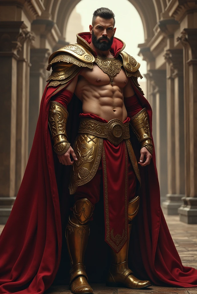 realist, (masterpiece), (photorealist:1.3), ultra detailed, (high detailed:1.2), (Best Quality:1.0),  manly, muscular, Tall Man, A man in royal attire and a golden mask., covered with a small insulting armor, fancy, full body character sheet, huge bulge in crotch, cuerpo muscular y peludo cincelado, full body view,  inside a castle, very small thread loincloth, Haircut, Shadow of six o&#39;clock,