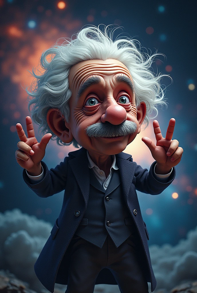 the sign " infinity ", illustration that embodies human stupidity and greed, deformed figure of Einstein, background galaxy, black hole, graphic CG digital artwork