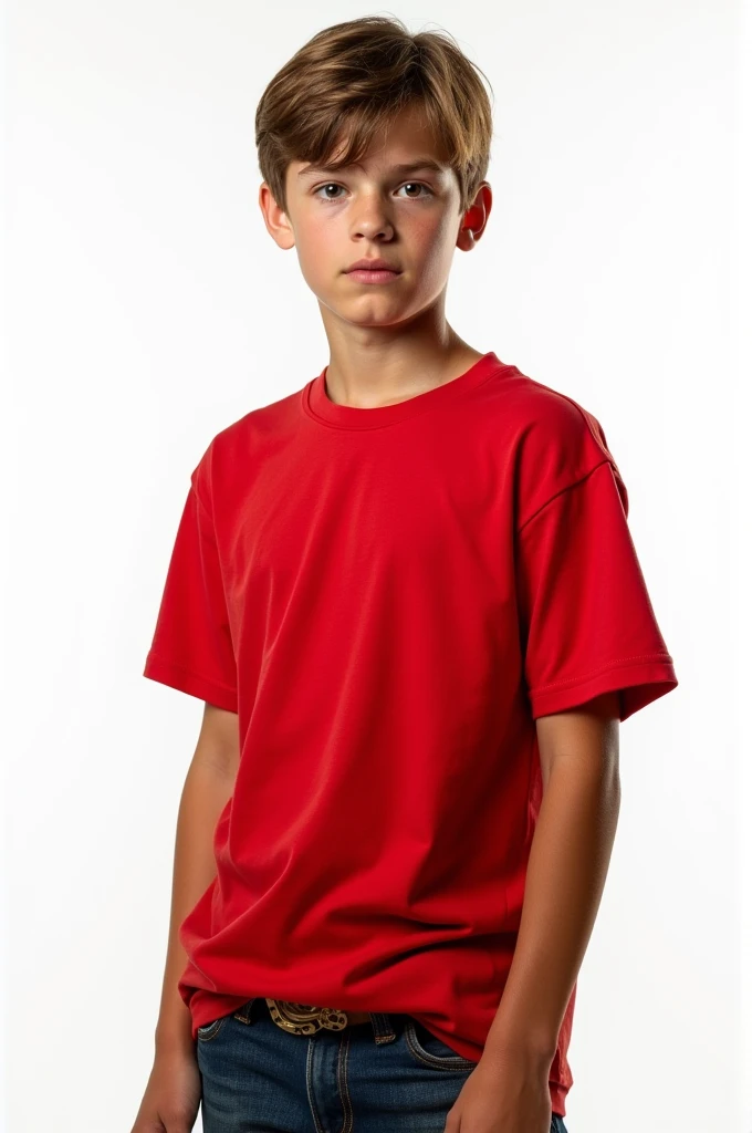 Western boy in red T-shirt with white background