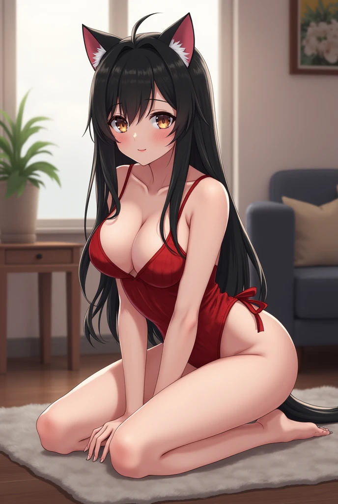 photorealistic,1 girl,red tabby print bikini,catsuit with cat ears,claw pose,long black hair,kneeling,living room