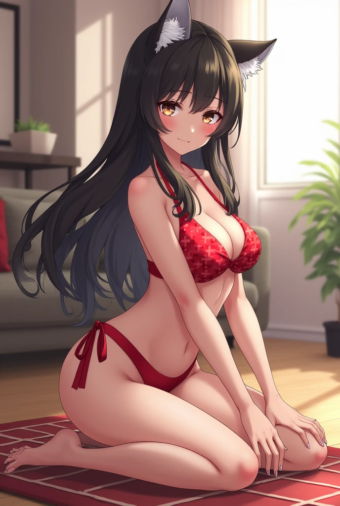 photorealistic,1 girl,red tabby print bikini,catsuit with cat ears,claw pose,long black hair,kneeling,living room