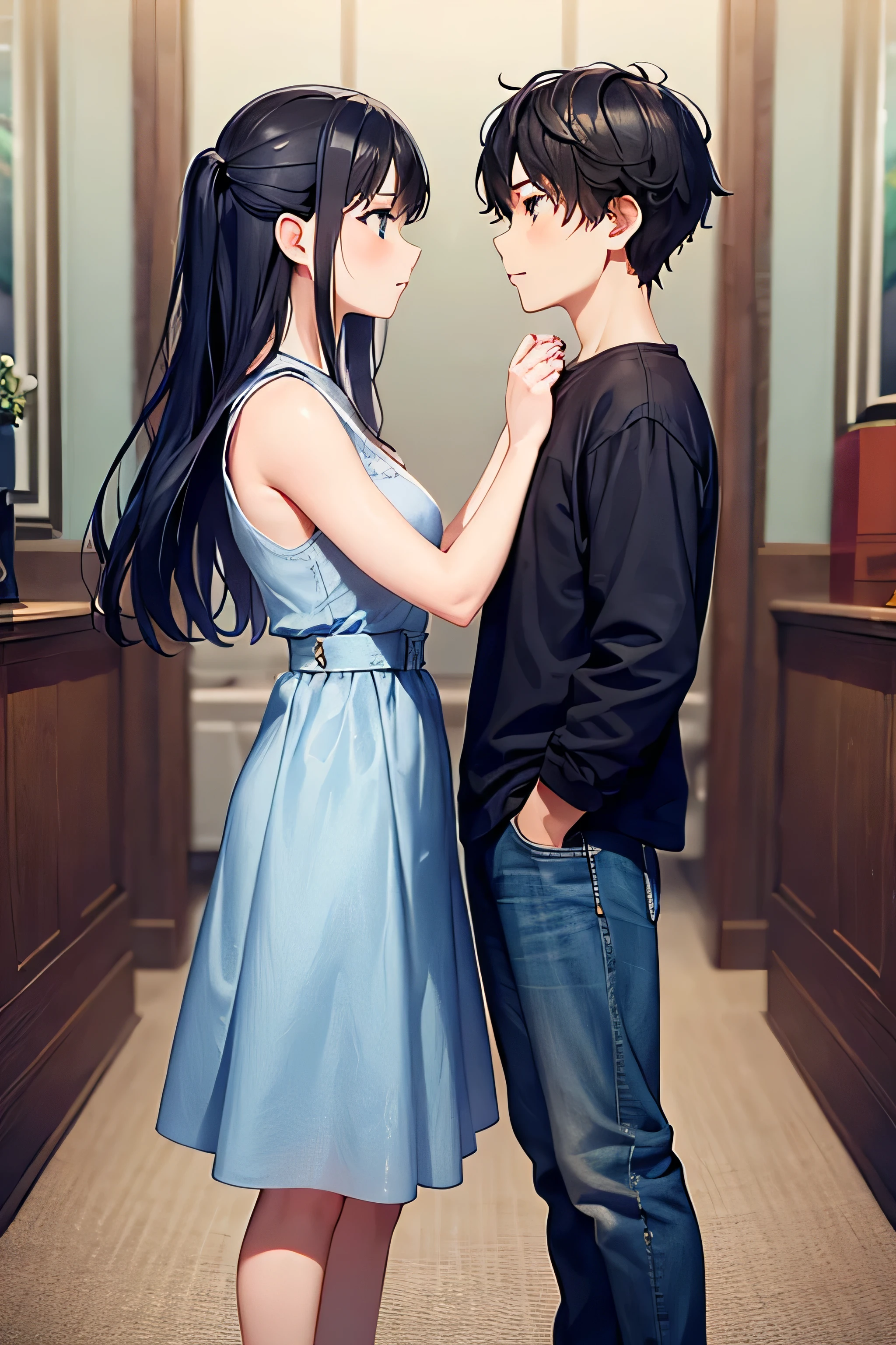 (best quality:1.2), 1 girls,1 boy,, face to face, looking at each other, standing apart, both standing apart, kissing, blue jeans, full body