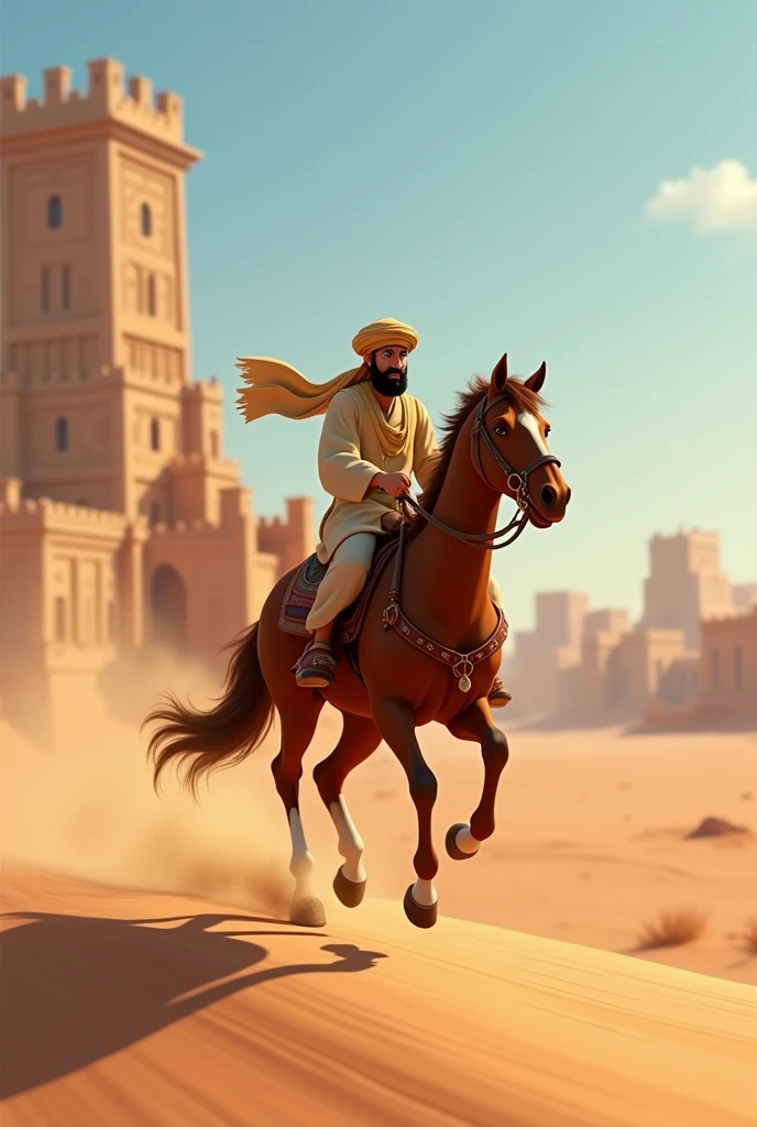 arabian man character in Pixar style or Disney. Riding a horse in the 1900s. In the Arabian lands. Darriyah city looking from far away. The horse is running