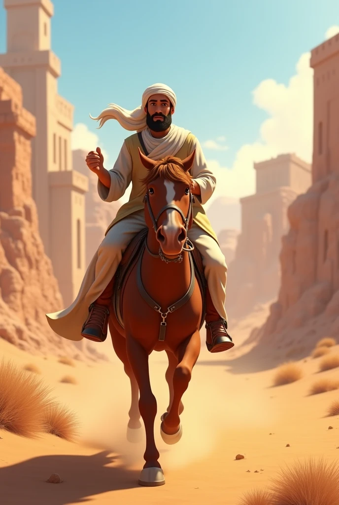 arabian man character in Pixar style or Disney. Riding a horse in the 1900s. In the Arabian lands. Darriyah city looking from far away. The horse is running
