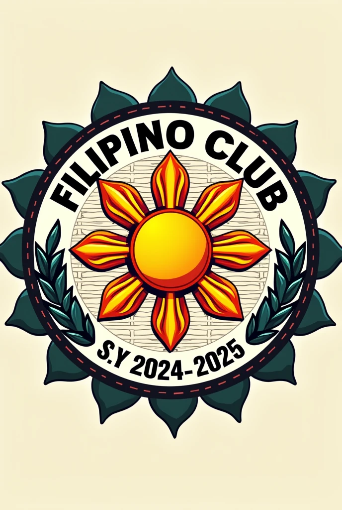 Filipino club logo, the sun at the center extending the 8 rays outward, surround the sun with a laurel wreath, add subtle woven pattern or texture in the background. Put the Filipino club S. Y 2024 - 2025 around the sun