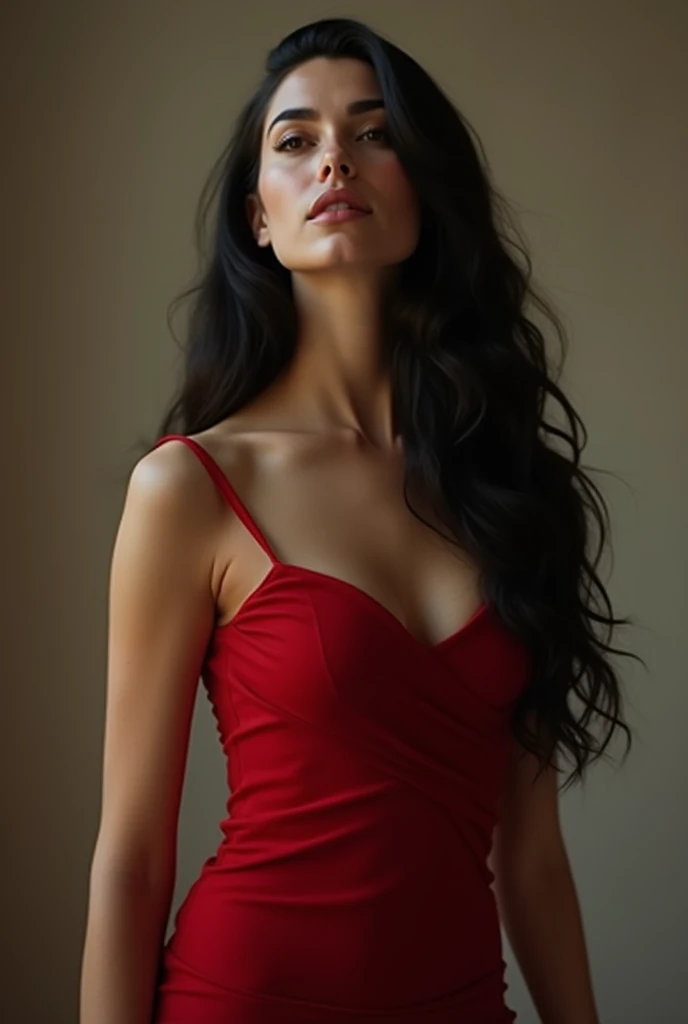 She is a woman with fair skin and long black 3b wavy hair., she had her face tilted up and she was wearing a tight but long red dress