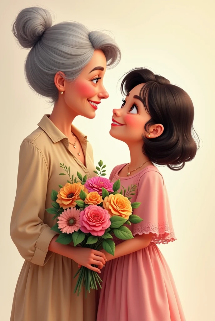 a short grandmother, skin fair, dark hair accompanied by her granddaughter, a little, shorth hair, sweetie, skin fair, with a light pink dress, she holding a beautiful bouquet of different flowers , they are smiling, looking at each other, drawning, disney pixar style