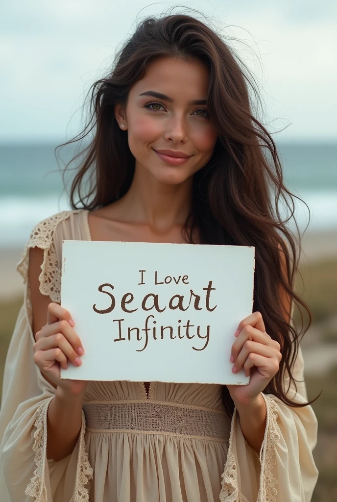 Beautiful girl with wavy long hair, bohemian dress, holding a white board with text "I Love Seaart Infinity" and showing it to the viewer