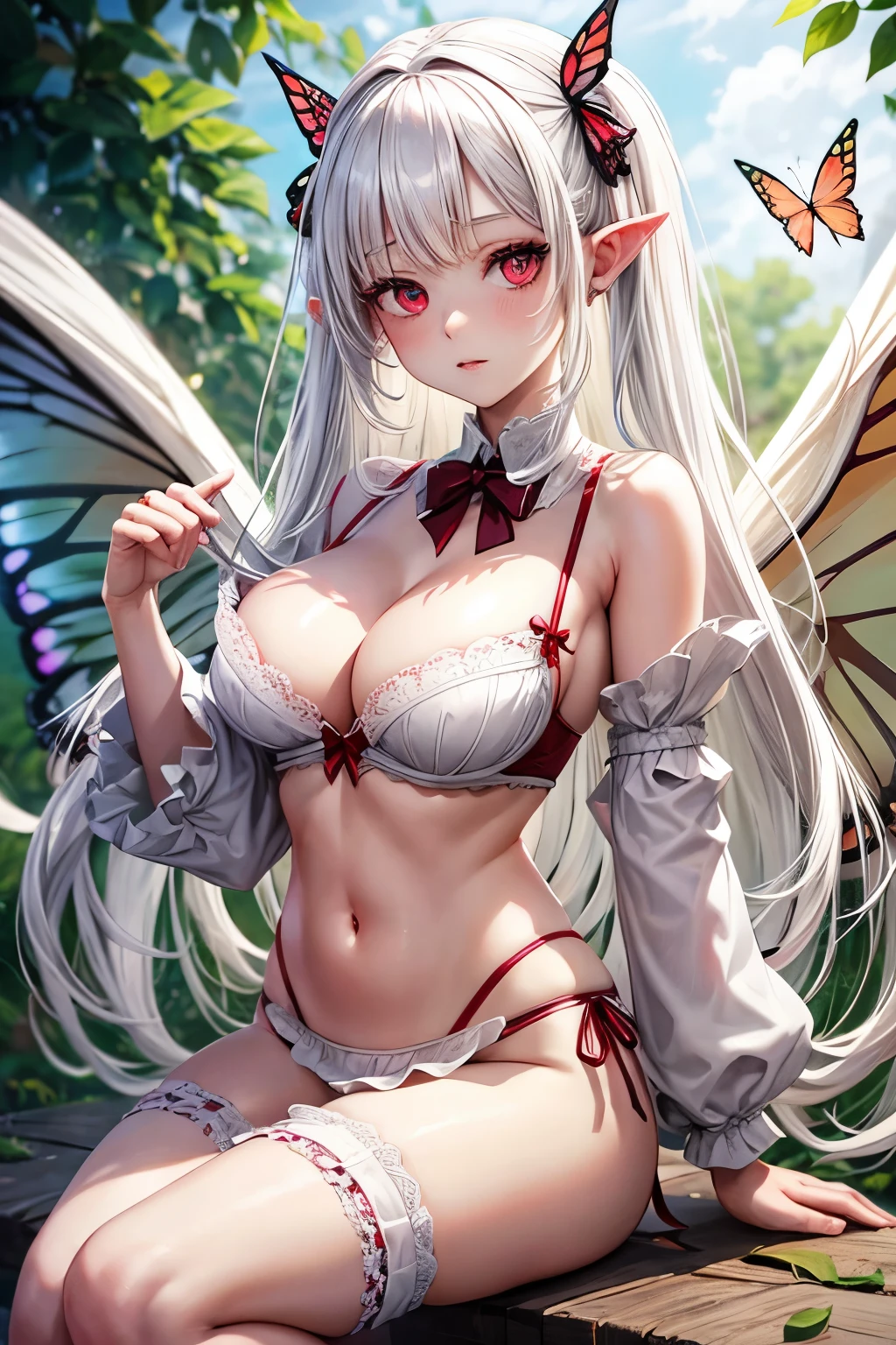 White hair, pointed ears, red eyes, little girl, Lolita, big breasts, butterfly wings, three-point bra, underwear