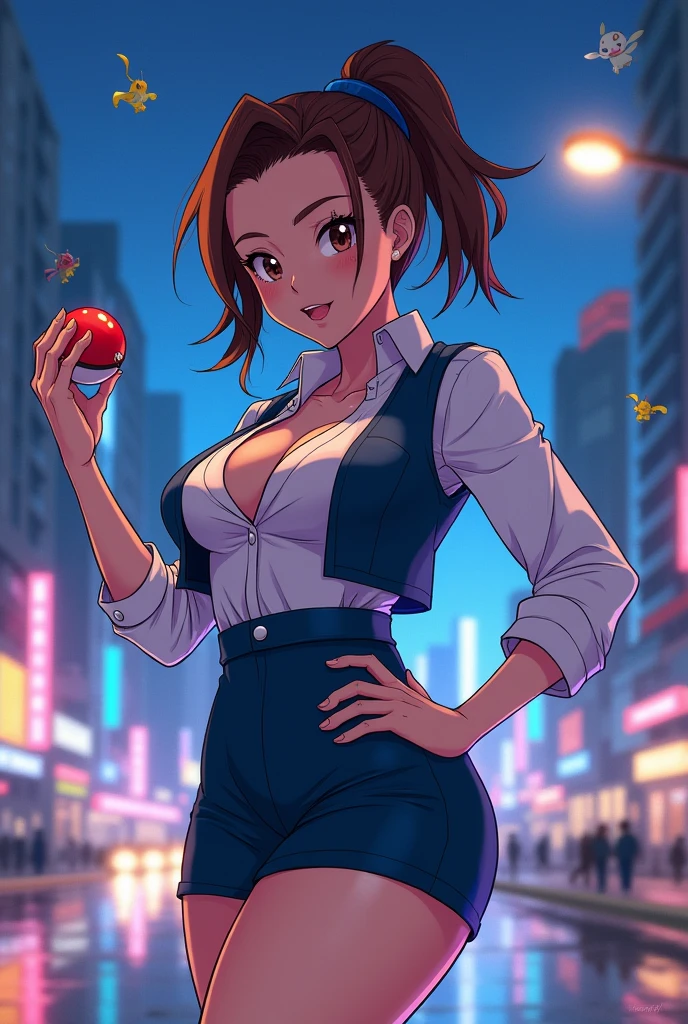 Delia Ketchum, a character from the Pokémon franchise, drawn in a sexually suggestive Manhwa style. Known for her motherly figure and kind demeanor, Delia is depicted with exaggerated curves and a youthful glow that emphasizes her allure. She is dressed in an outfit that blends her original design with a modern twist, including a short, tight-fitting skirt and a low-cut blouse that accentuates her ample cleavage. Her hair, usually kept in a bun, flows freely in the wind, giving her a sense of liberation. The scene is set in a bustling cityscape at night, with neon lights reflecting off the wet streets, hinting at the ahoego genre's penchant for the erotic and sensual. She stands confidently, one hand resting on her hip and the other holding a Pokéball, which is a nod to her character's role as the mother of Ash Ketchum. Her eyes, filled with a mischievous spark, lock onto the viewer, inviting them into her world of secret desires. The art style is clean and sharp, with bold outlines and expressive features that are characteristic of Manhwa. The background is a mix of reality and fantasy, with realistic skyscrapers blending seamlessly with stylized elements such as floating Pokémon and pulsing energy waves that create a vibrant and dynamic atmosphere. Despite the seductive nature of the image, there is an underlying playfulness to Delia's pose and expression that keeps the tone from veering into explicit territory. The color palette is rich and saturated, with a focus on blues and purples that highlight the night setting and complement her skin tone. Her attire is a tantalizing blend of professionalism and seductiveness, leaving just enough to the imagination to keep the scene intriguing. The lighting casts dramatic shadows, adding depth and dimension to her form, while also highlighting her toned legs and the outline of her underwear. The overall composition is balanced, with a clear focal point on Delia, making it impossible to look away from her captivating presen