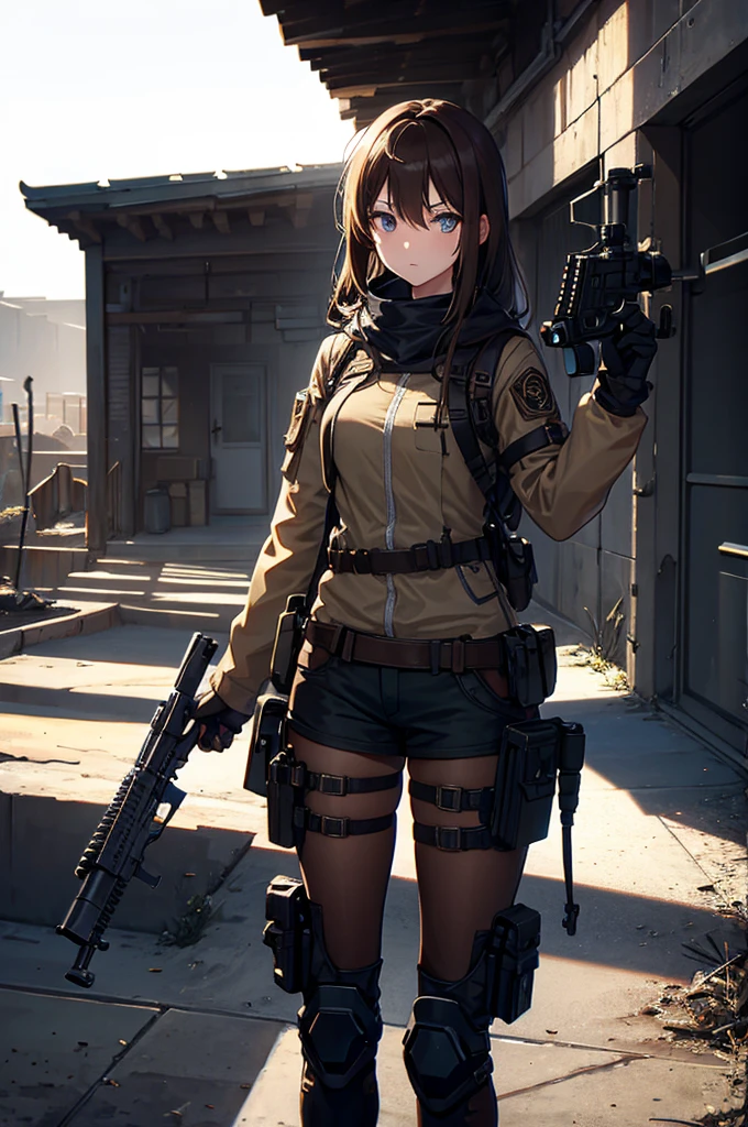 In the spotlight, holding_gun, assault_rifle, Very detailed, Brown Hair, Long Hair, Anime Style, whole body, alone, Stylish Gunfighter Girl, Holding a steampunk long barrel pistol,Standing in the wasteland, 8K high resolution, White Background, The background is a dark and desolate landscape, Horror movie atmosphere. Her figure is very beautiful, Emphasizing the dark and crazy elements. Skillfully expressing the effects of light and shadow, Anime girl with gun and rifle standing in front of a building, from Girls' Frontline, mechanized Soldier Girl, Girls' Frontline style, Girls' Frontline cg, Soldier Girl, The finer details. Girls' Frontline, Infantry Girl, Amazing anime 8k, Girls' Frontline, Girls' Frontline universe, Female host