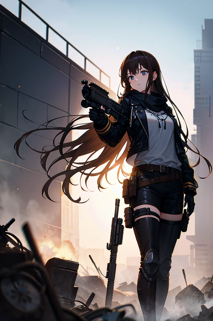 In the spotlight, holding_gun, assault_rifle, Very detailed, Brown Hair, Long Hair, Anime Style, whole body, alone, Stylish Gunfighter Girl, Holding a steampunk long barrel pistol,Standing in the wasteland, 8K high resolution, White Background, The background is a dark and desolate landscape, Horror movie atmosphere. Her figure is very beautiful, Emphasizing the dark and crazy elements. Skillfully expressing the effects of light and shadow, Anime girl with gun and rifle standing in front of a building, from Girls&#39; Frontline, mechanized Soldier Girl, Girls&#39; Frontline style, Girls&#39; Frontline cg, Soldier Girl, The finer details. Girls&#39; Frontline, Infantry Girl, Amazing anime 8k, Girls&#39; Frontline, Girls&#39; Frontline universe, Female host