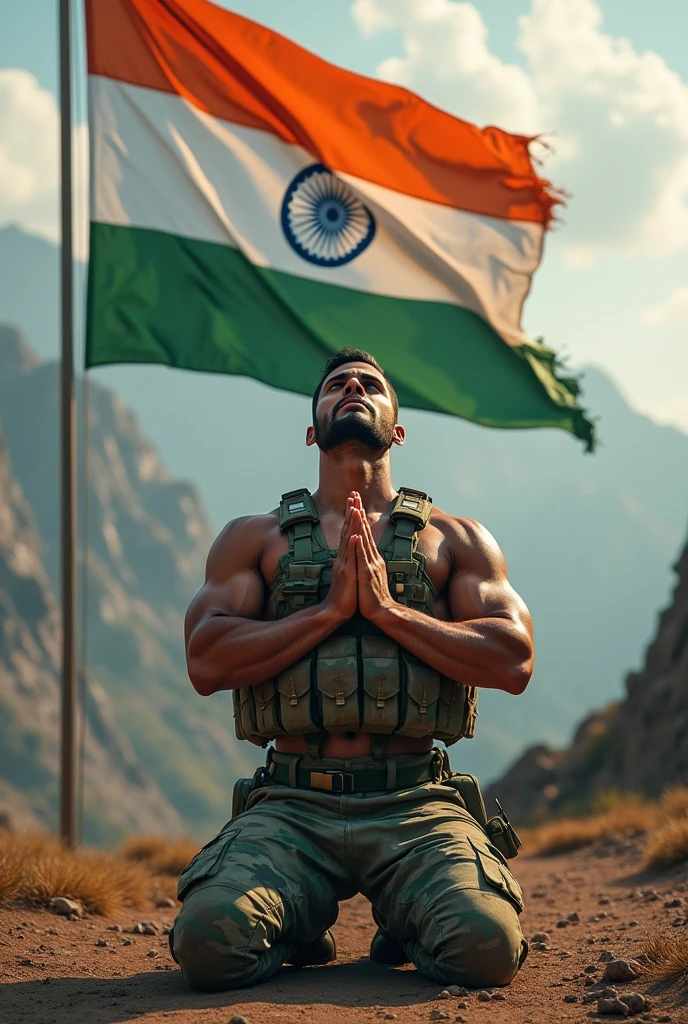 A Muslim bodybuilder Soldier prostration for Allah, in Front of Indian national Flag.