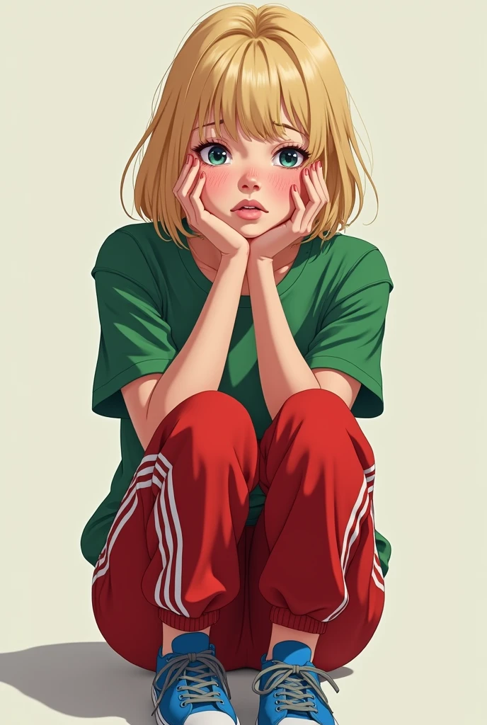 Red pants adidas, green shirt, blue shoes, blonde hair, cute pretty, crying women 🥺👉🏻👈🏻, uwu face