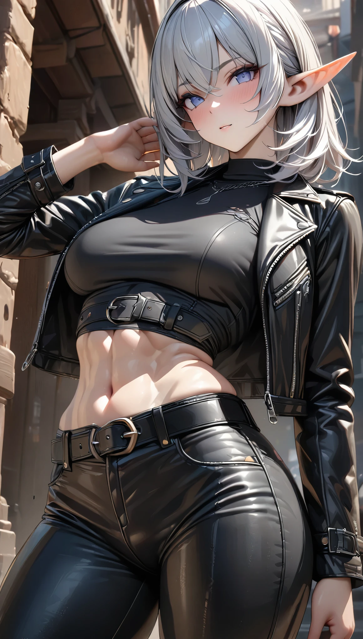 ((masterpiece:1.3)), accurate, textured skin, high details, high quality, high resolution, super detail, 1080P, detailed face, detailed eyes, detailed 5 fingers, elf, Pointy ears, silver hair, medium hair, Leather jacket, leather pants, black undershirt, Belly button, Thick belt, Metal band members, Slim waist, firm waist, Six pack, toned abs