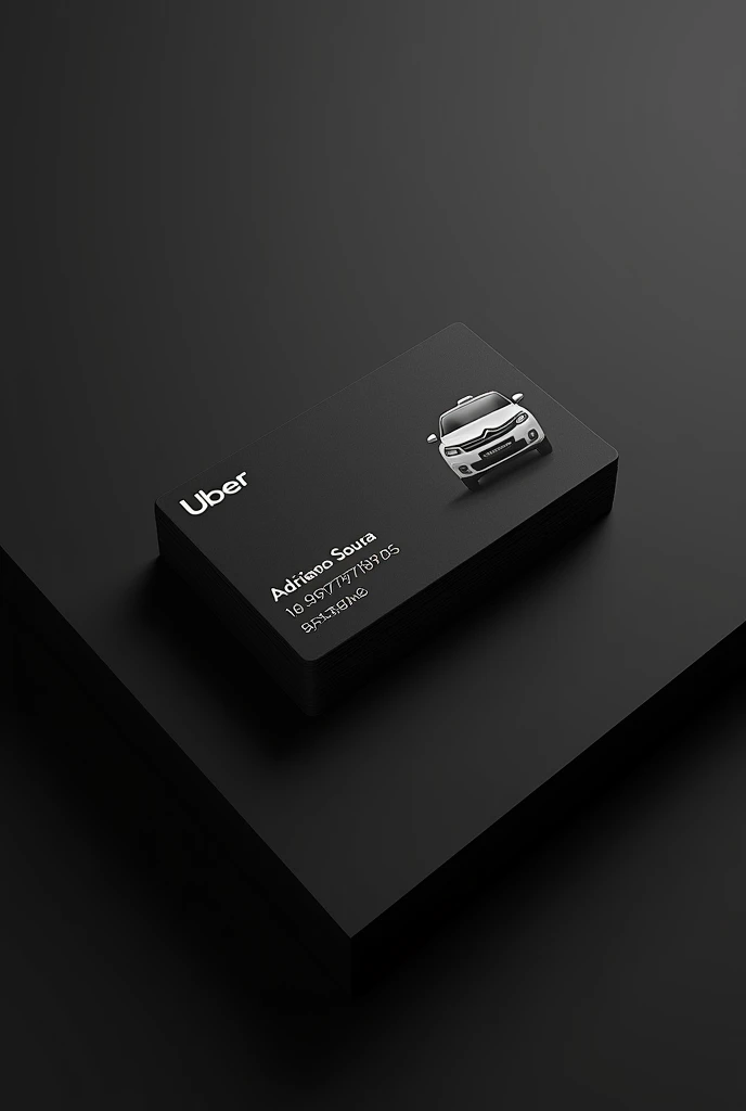 Create an Uber View Card, with name Adriano Souza Telephone 18 997978195 Card must be black containing the Uber symbol and a Citroen C3 in the background as a watermark