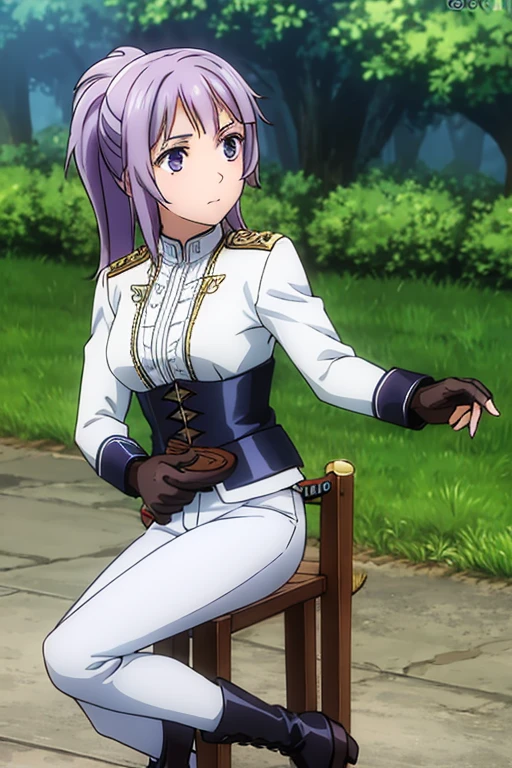  brown chocolate tied hair, lilac eyes, cavalry clothing, white pants, dark blue corset, black boots, sword at side 