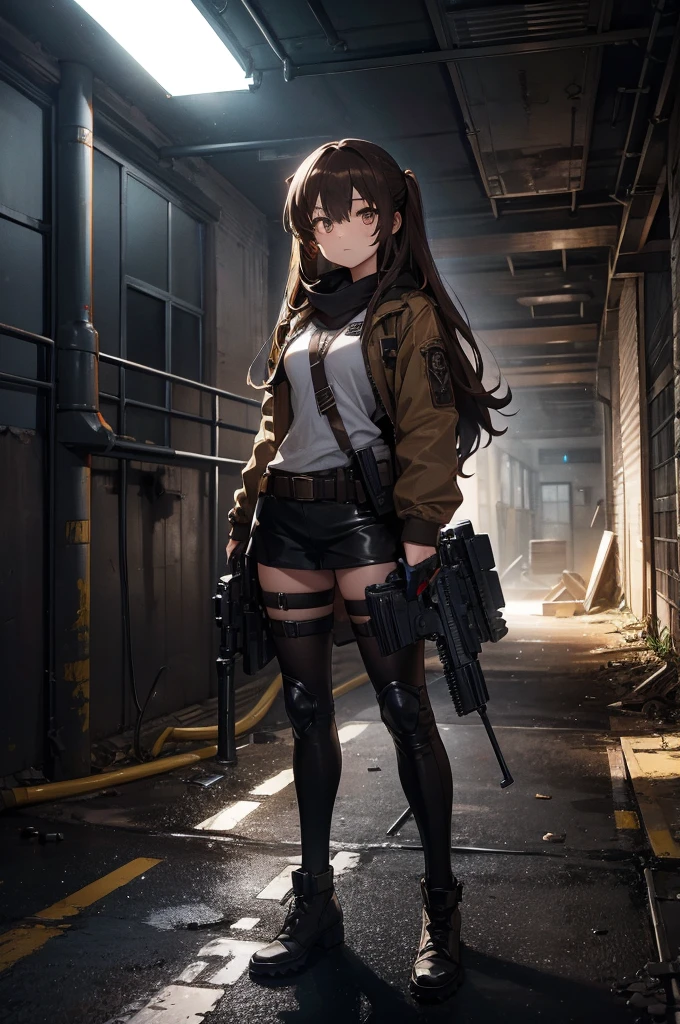 In the spotlight, holding_gun, assault_rifle, Very detailed, Brown Hair, Long Hair, Anime Style, whole body, alone, Stylish Gunfighter Girl, Holding a steampunk long barrel pistol,Standing in the wasteland, 8K high resolution, White Background, The background is a dark and desolate landscape, Horror movie atmosphere. Her figure is very beautiful, Emphasizing the dark and crazy elements. Skillfully expressing the effects of light and shadow, Anime girl with gun and rifle standing in front of a building, from Girls' Frontline, mechanized Soldier Girl, Girls' Frontline style, Girls' Frontline cg, Soldier Girl, The finer details. Girls' Frontline, Infantry Girl, Amazing anime 8k, Girls' Frontline, Girls' Frontline universe, Female host